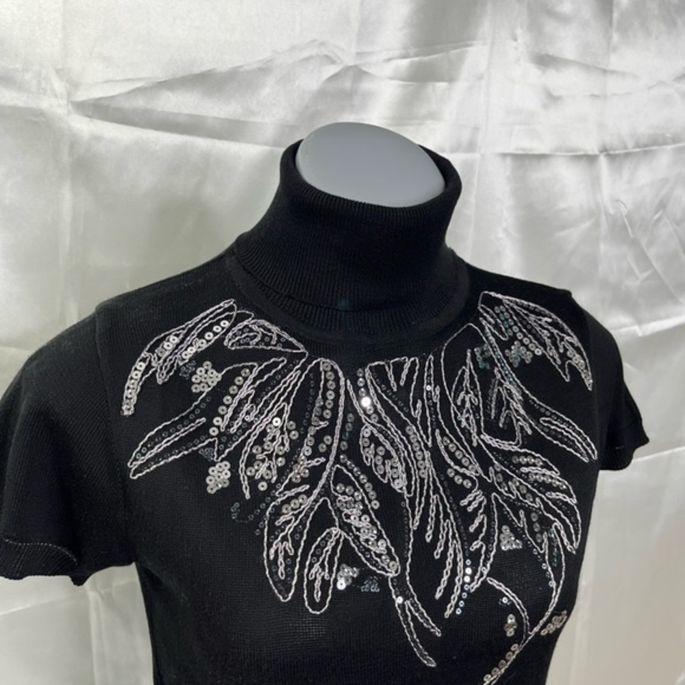 Icinoo Vintage Embellished Black Short Sleeve Turtleneck Top